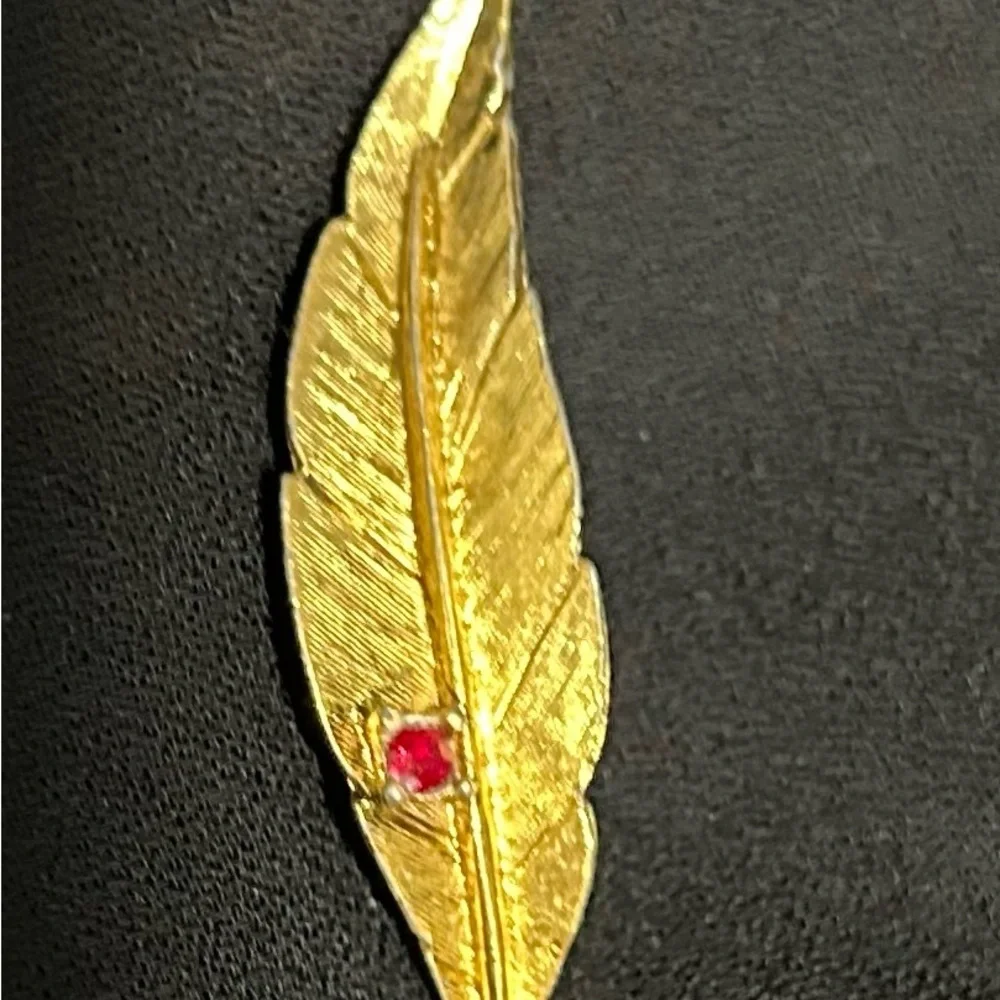 Gold finish Feather Brooch with Red Gemstone